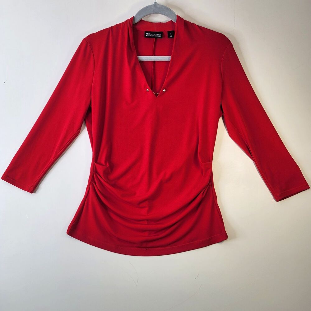 7th Avenue NY&Co Red Ruched V Neck Top Size S Stretch 3/4 Sleeve